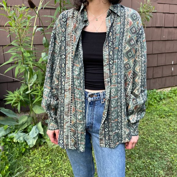 Western Style Silk Patterned Shirt, Size L - Picture 1 of 5